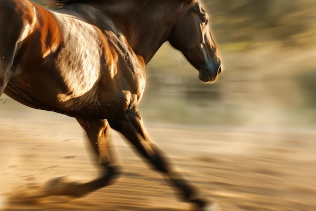 Foto um cavalo poderoso capturado em meio a galope exalando energia e graça