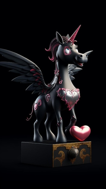 Um cavalo preto com asas e asas fica sobre uma base preta com um coração.