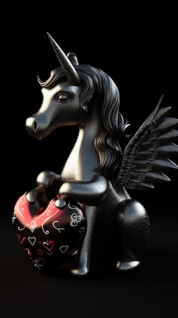 Foto um cavalo preto com asas e um coração na cabeça
