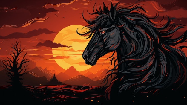 um cavalo preto com cabelos longos está de pé na frente de um pôr-do-sol