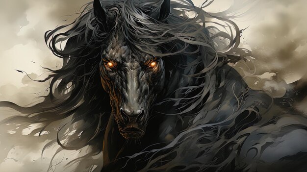 um cavalo preto com olhos brilhantes e uma crina preta