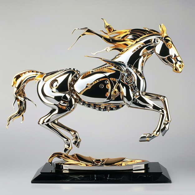 um cavalo preto com ouro e prata nas costas está em uma base preta
