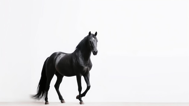 Foto um cavalo preto com uma longa cauda caminha em frente a uma parede branca.