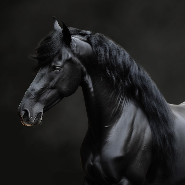 Um cavalo preto com uma longa crina e uma crina preta.