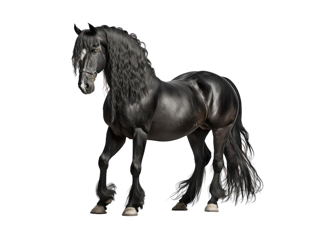 Um cavalo preto com uma longa crina e uma longa juba