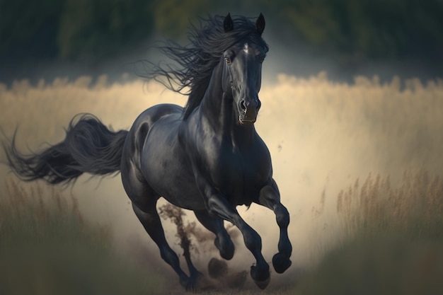 Um cavalo preto corre por um campo de grama dourada.