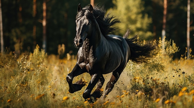 um cavalo preto correndo na grama larga