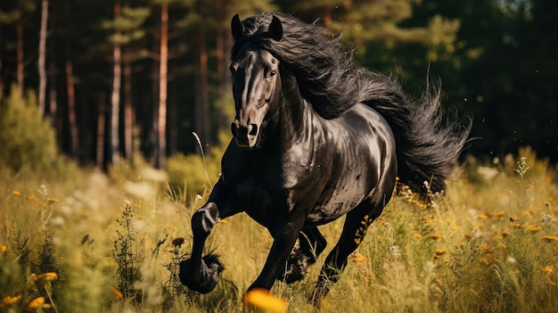 um cavalo preto correndo na grama larga