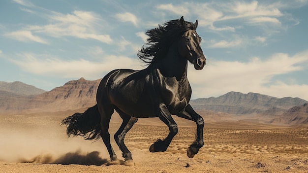 um cavalo preto correndo pelo deserto