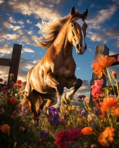 Foto um cavalo pulando uma cerca em um prado