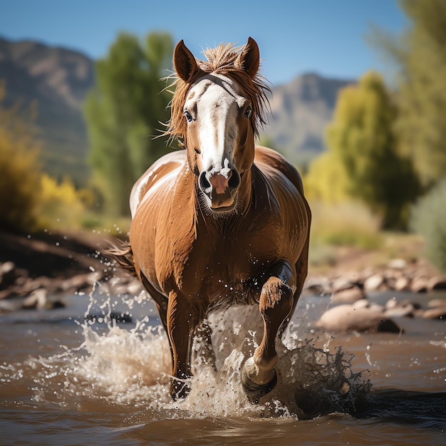 Foto um cavalo selvagem correndo no riacho animais selvagens ou de fazenda