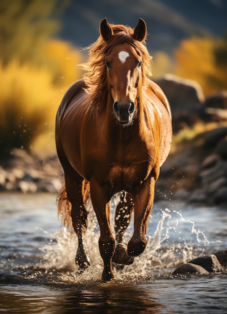 Foto um cavalo selvagem correndo no riacho animais selvagens ou de fazenda