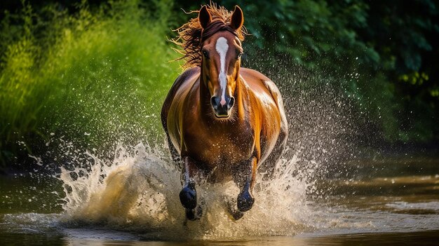 Foto um cavalo selvagem galopa sobre um riacho de água