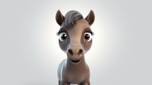Um cavalo sorridente com um fundo branco e um fundo cinza.