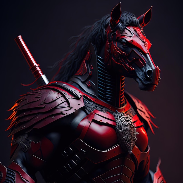 Um cavalo vermelho com uma espada e um rosto vermelho.