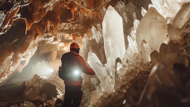 Um caveiro explora uma caverna brilhante cheia de belos cristais