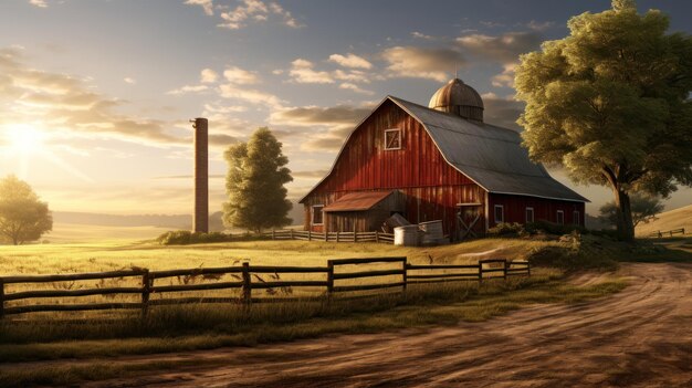 Foto um celeiro rústico e um fundo de campo para uma cena pastoral