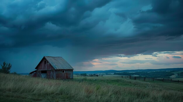 Foto um celeiro solitário está em um campo de grama alta enquanto uma tempestade se aproxima o céu está escuro e as nuvens estão se arrastando