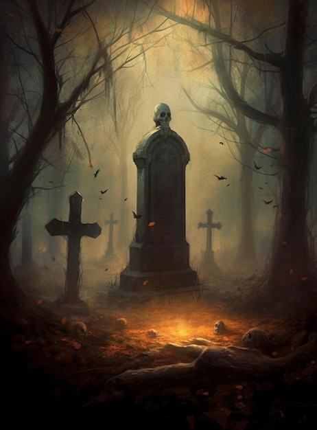 Um cemitério assustador com uma caveira.