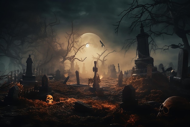 Um cemitério assustador com uma lua cheia ao fundo