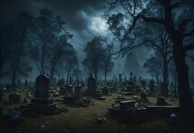 Um cemitério assustador e assombrado à meia-noite