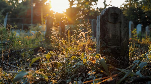 Um cemitério coberto com uma velha lápide em primeiro plano O sol brilha através das árvores e lança sombras na grama