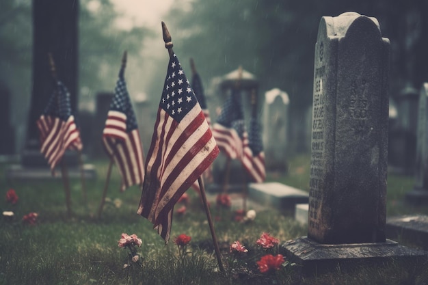 Um cemitério com bandeiras americanas na chuva