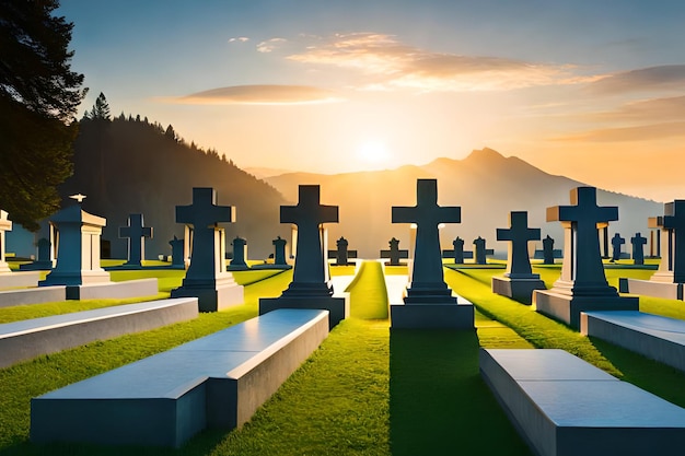 Um cemitério com cruzes e o sol se pondo atrás dele
