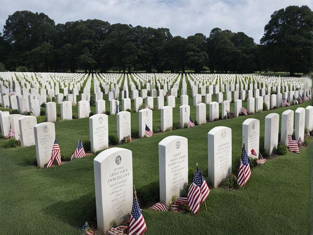 um cemitério com uma bandeira e uma bandeira sobre eleImagem de túmulos de heróis americanos