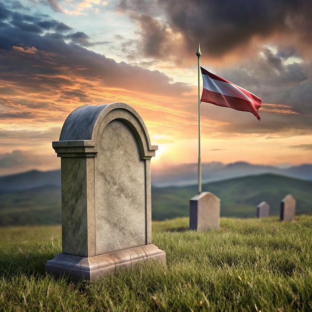 Foto um cemitério com uma bandeira voando sobre ele e um cemitério no fundo