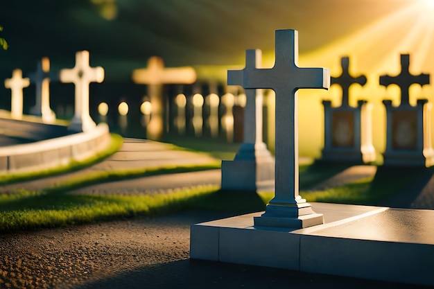 Um cemitério com uma cruz no meio