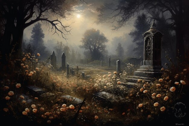 um cemitério com uma sepultura e uma árvore morta ao fundo