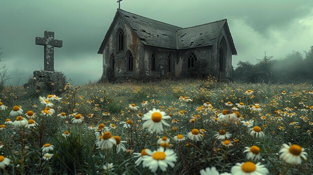 Um cemitério desolado com flores murchas de fundo