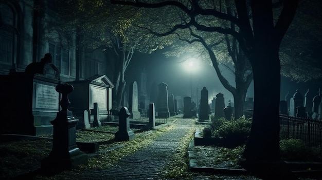Um cemitério escuro com uma luz de rua e árvores ao fundo.