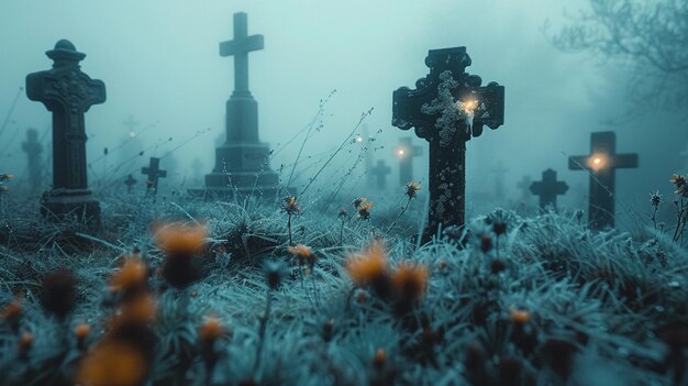 Foto um cemitério nebuloso no crepúsculo cruza o fundo