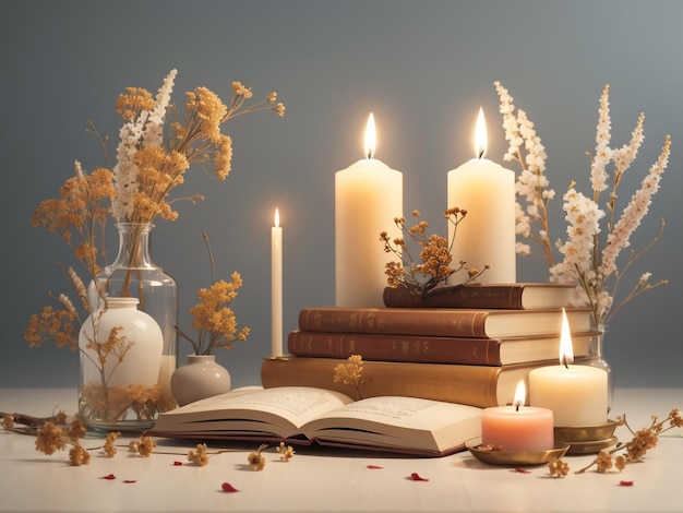 Um cenário antigo com livros, velas e flores secas