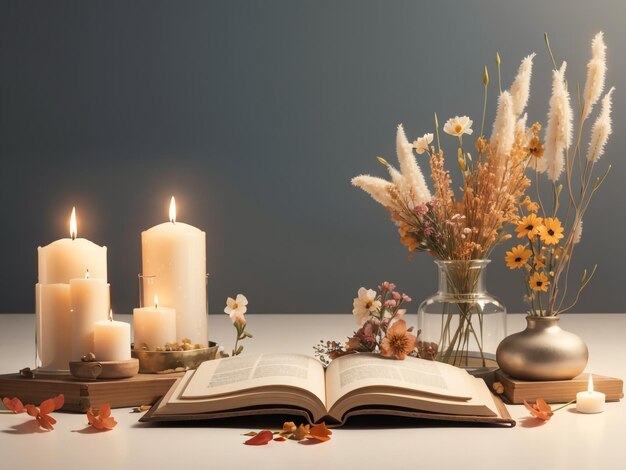 Um cenário antigo com livros, velas e flores secas