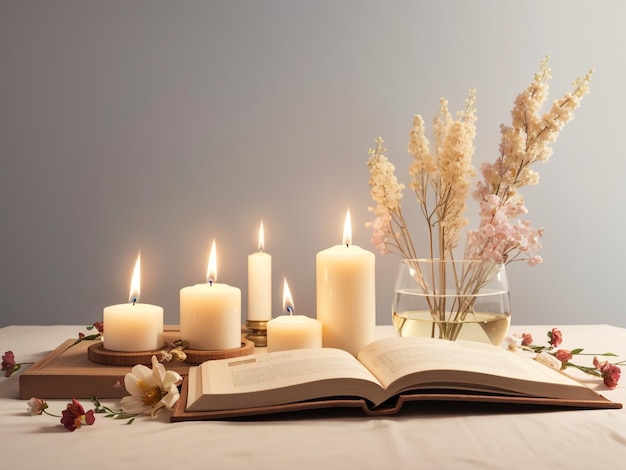 Um cenário antigo com livros, velas e flores secas