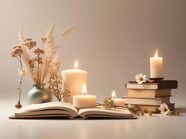 Um cenário antigo com livros, velas e flores secas