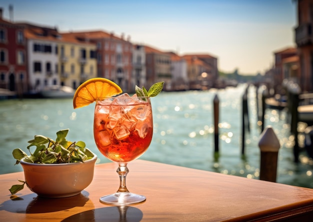 Um cenário ao ar livre atraente com um coquetel Spritz Veneziano tendo como pano de fundo um Ven