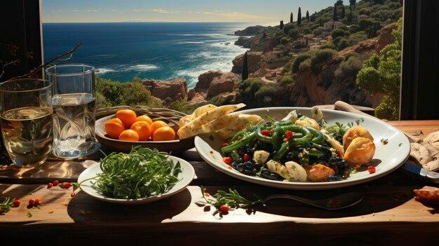 Foto um cenário costeiro ensolarado para um almoço saudável com produtos frescos e uma vista clara do mar