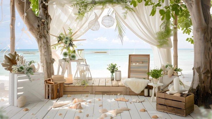 Foto um cenário de casamento de praia boêmia com conchas e estrelas-do-mar luz e materiais naturais arejados configuração de casamento