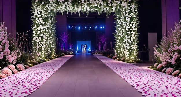 Um cenário de casamento roxo e branco com flores e vegetação