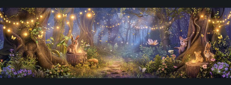 Foto um cenário de floresta encantada com criaturas da floresta e luzes de fadas com um pedestal de palco 3d