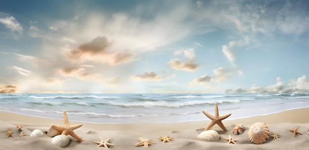 Um cenário de praia sereno com estrelas do mar e conchas e um céu nublado à tarde Generative AI