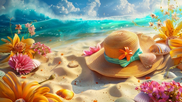 Foto um cenário deslumbrante na praia com flores coloridas, chapéu de sol, chinelos e creme solar.