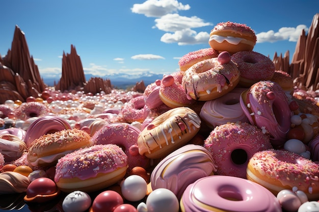 Um cenário doce com donuts flutuando em um mundo encantado IA generativa