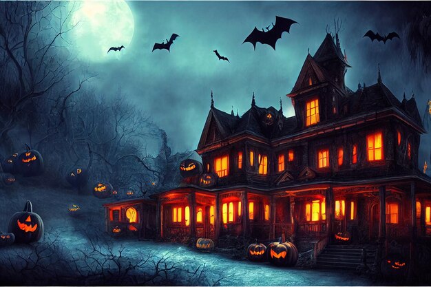 Um cenário dramático de Halloween místico. Uma lua cheia brilha no céu um bando de morcegos voa.