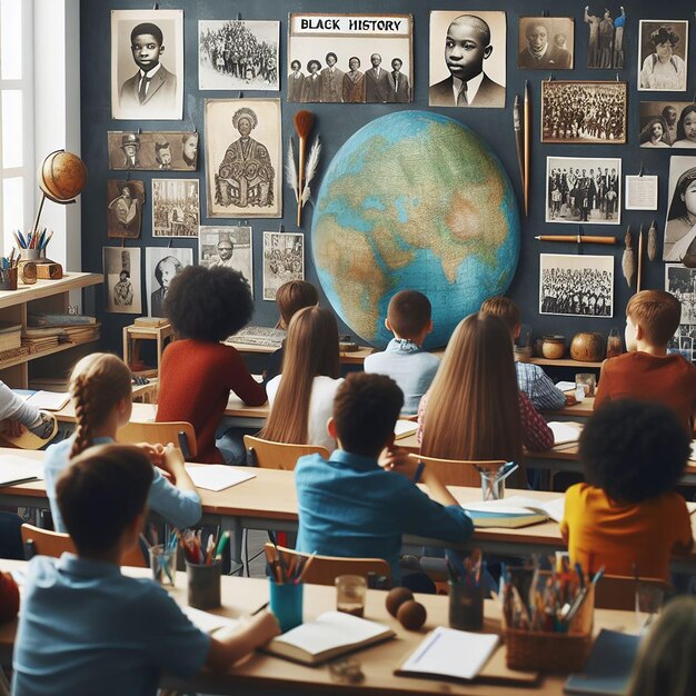 Foto um cenário educacional com estudantes diversos de várias origens aprendendo sobre a história negra