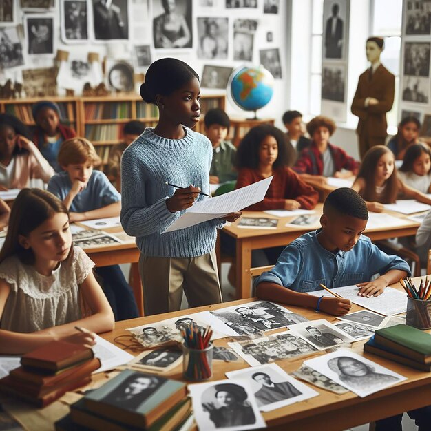 Foto um cenário educacional com estudantes diversos de várias origens aprendendo sobre a história negra